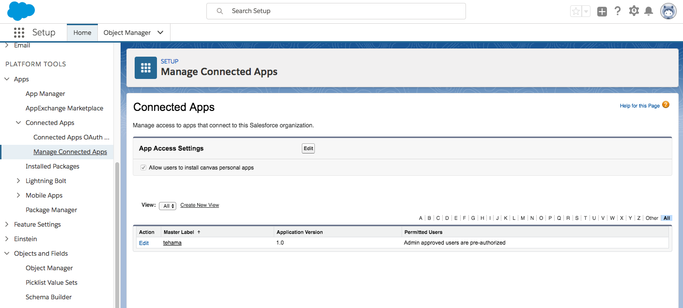 Manage Connected Apps Page