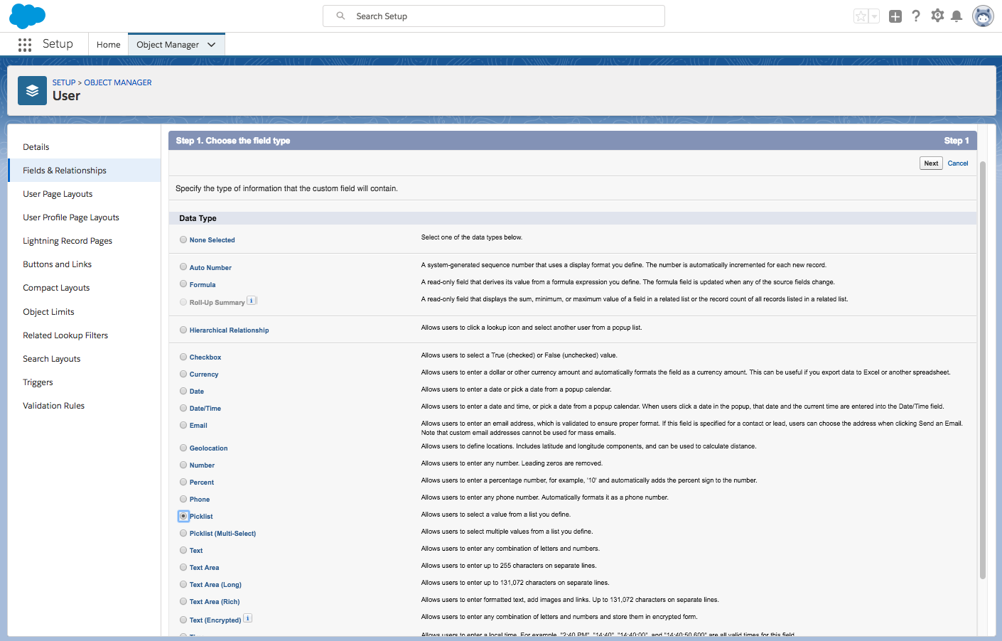 User new field of type picklist