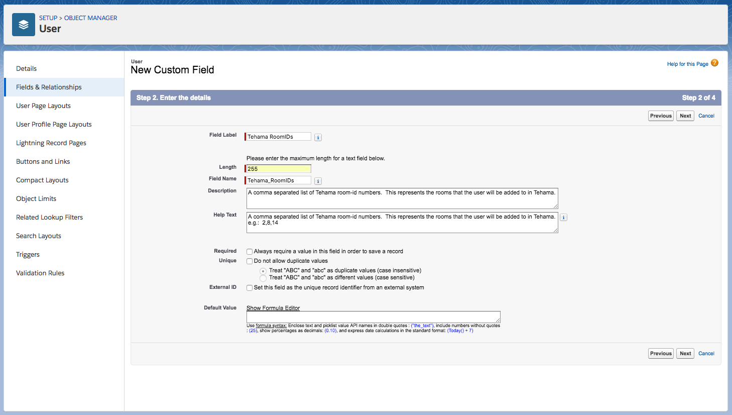 User new field of type text enter-the-details