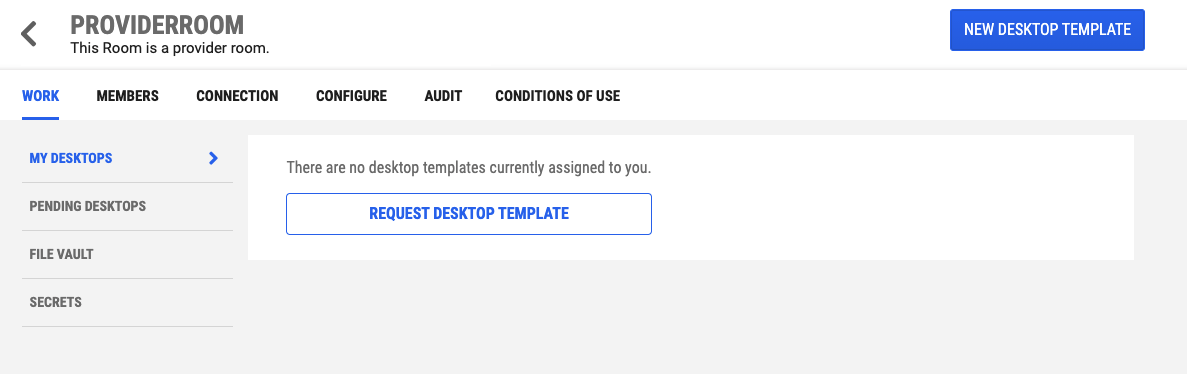 Room work tab landing page with no desktop templates assigned