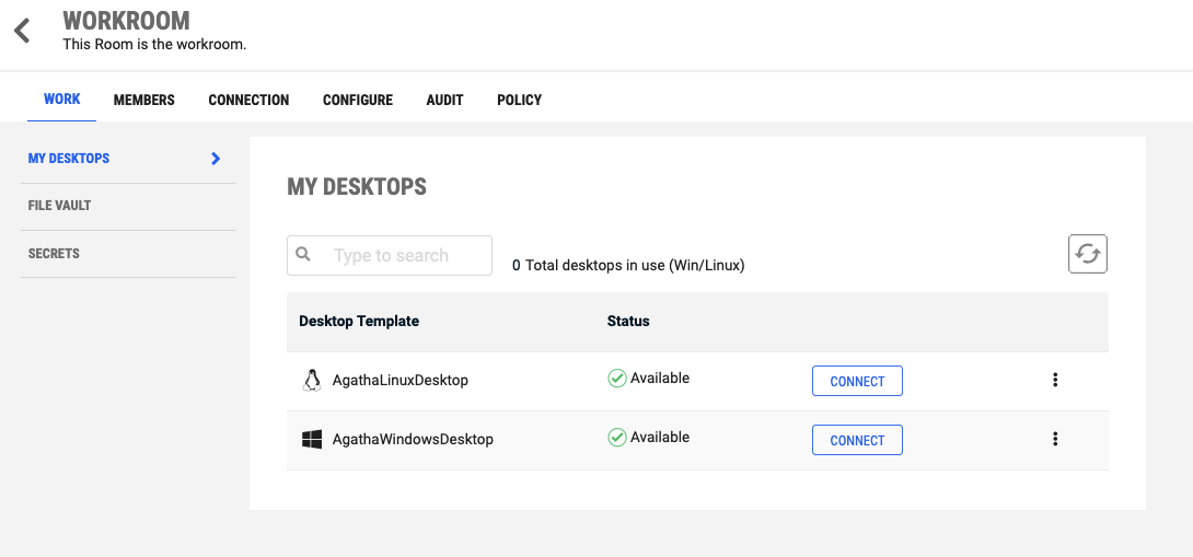 Room work tab landing page with desktop templates assigned