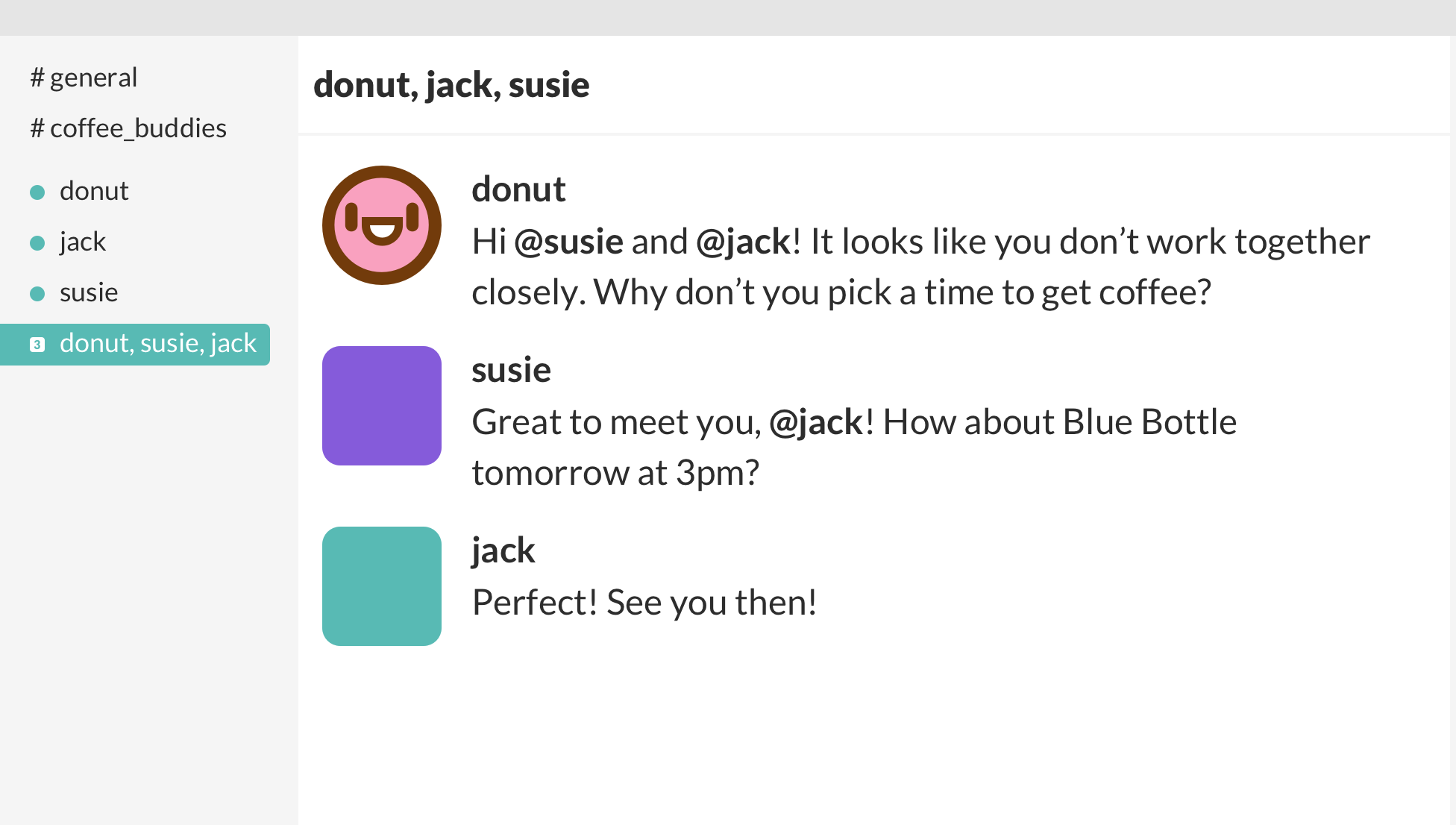 Donut pairs @jack and @susie to get coffee