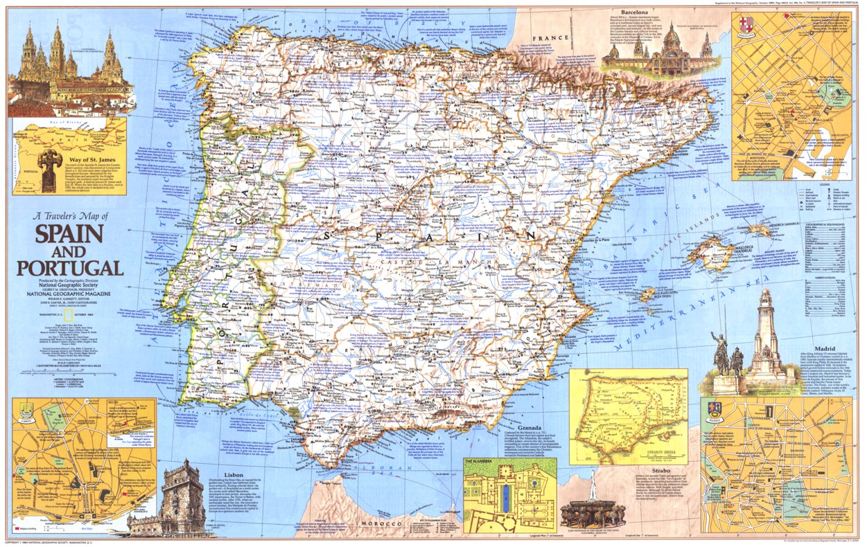 Spain And Portugal On Map Travelers Map Of Spain & Portugal 1984 - National Geographic - Avenza Maps