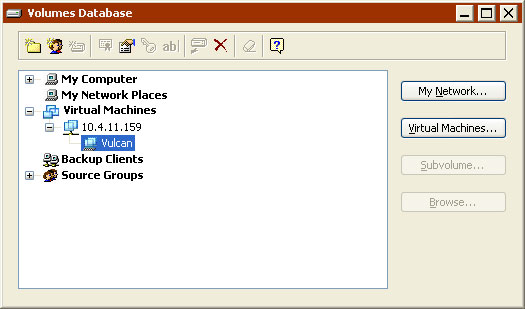 Volumes Database Window with VMware Guest