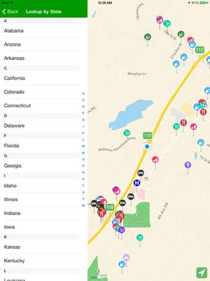 Screenshot iExit Interstate Exit Guide on iPad
