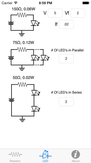 Screenshot Resistor Color Code w/LED Calculator on iPhone
