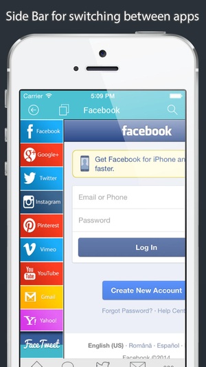 Screenshot My Log In! Social Network Manager for facebook, twitter, google accounts, mail, gmail, yahoo, pinterest, instagram, vimeo, skyp on iPhone