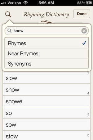 Screenshot Verses notebook + rhyming dictionary on iPhone