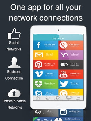 Screenshot My Log In! Social Network Manager for facebook, twitter, google accounts, mail, gmail, yahoo, pinterest, instagram, vimeo, skyp on iPad