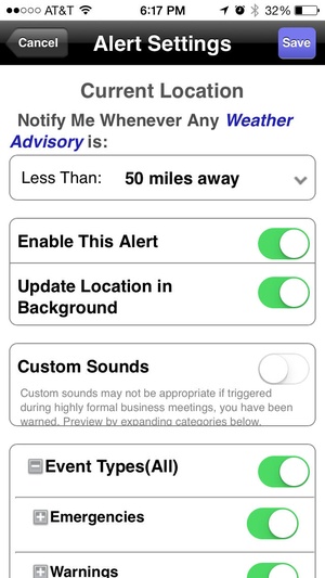Screenshot NOAA Weather Alerts on iPhone