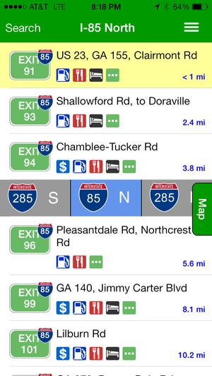 Screenshot iExit Interstate Exit Guide on iPhone