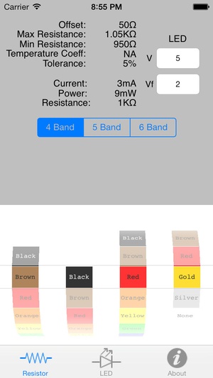 Screenshot Resistor Color Code w/LED Calculator on iPhone