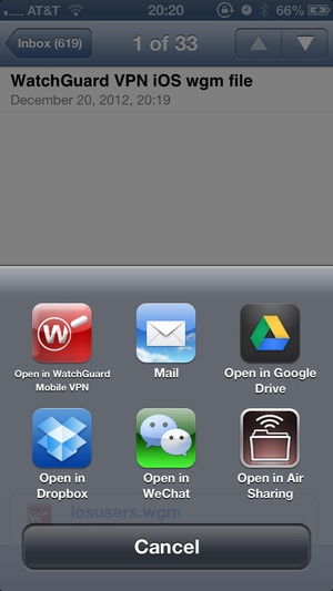 Screenshot WatchGuard Mobile VPN on iPhone