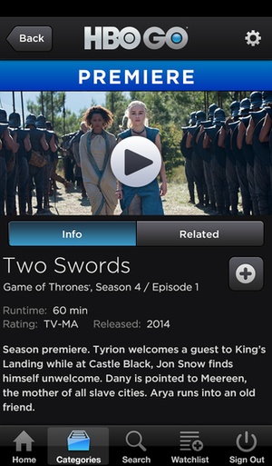 Screenshot HBO GO on iPhone