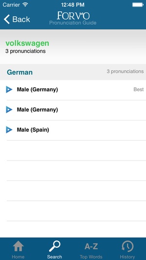Screenshot Forvo Pronunciation on iPhone