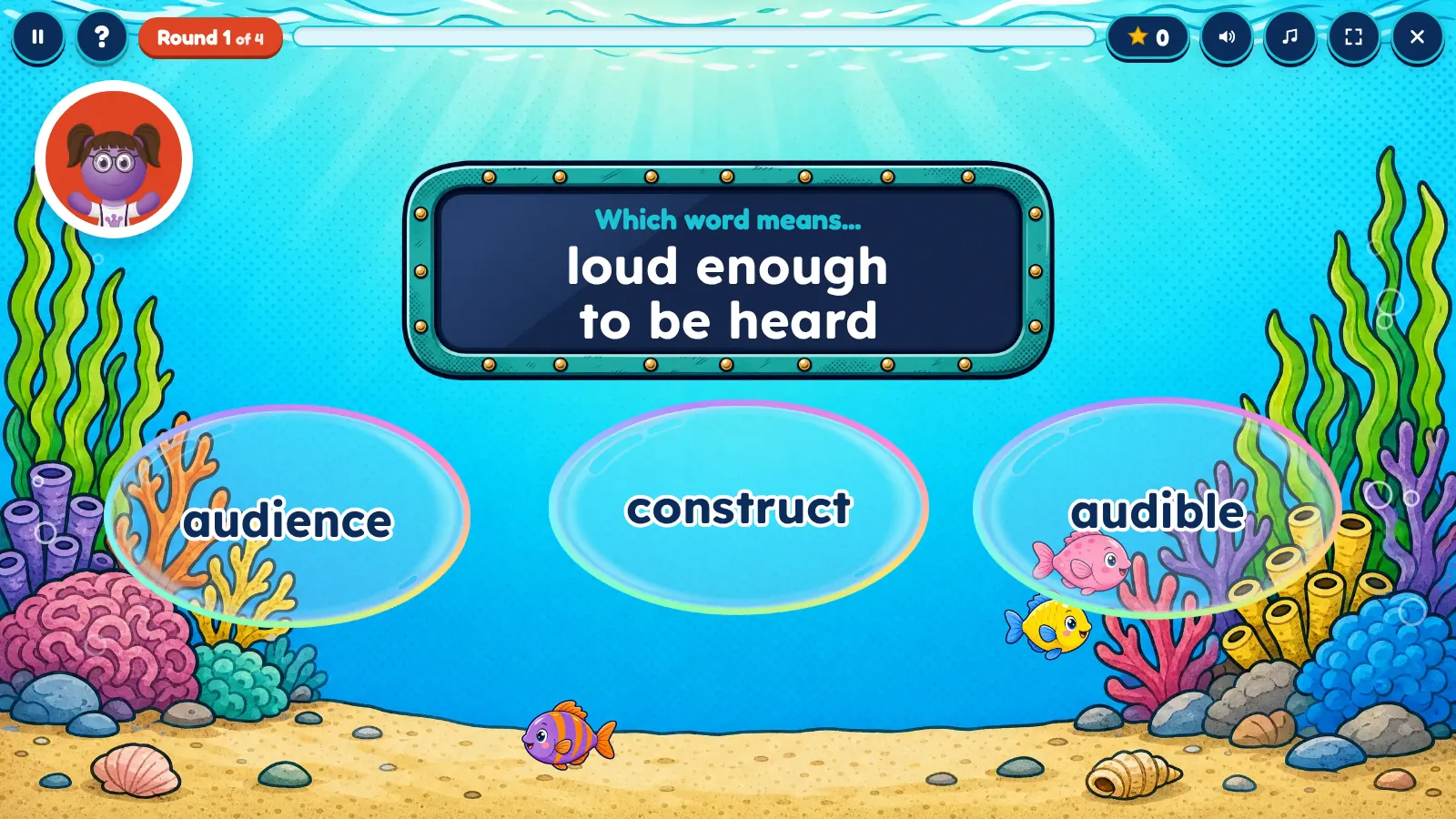 Advanced Roots and Affixes Game: popping the word bubble that matches the clue on the submarine screen