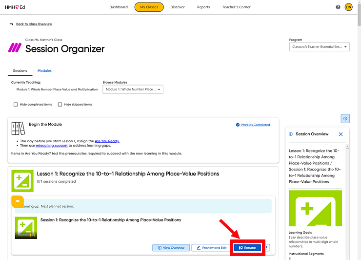 Ed Teacher Session Organizer page showing the Resume button for a Classcraft session Ed Teacher Session Organizer page showing the Resume button for a Classcraft session
