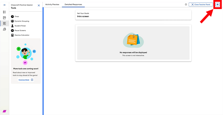 Teacher Panel showing the Session Setting button