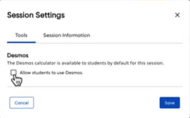 Session Settings dialog box with the Desmos box cleared
