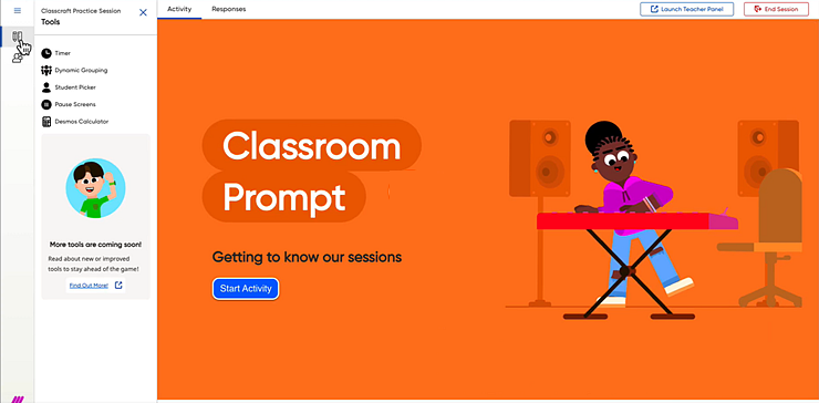 Classroom Panel with Tools menu selected showing list of Tools