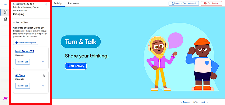 Classroom Panel showing the Grouping tool selected