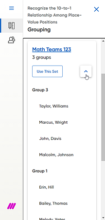 Grouping panel showing list of students in listed group set