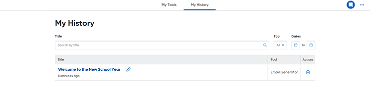 My History tab showing list of work done using AI tools