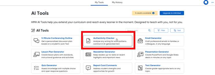 AI Tools page showing a tool selected