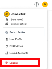 User menu - Log Out option