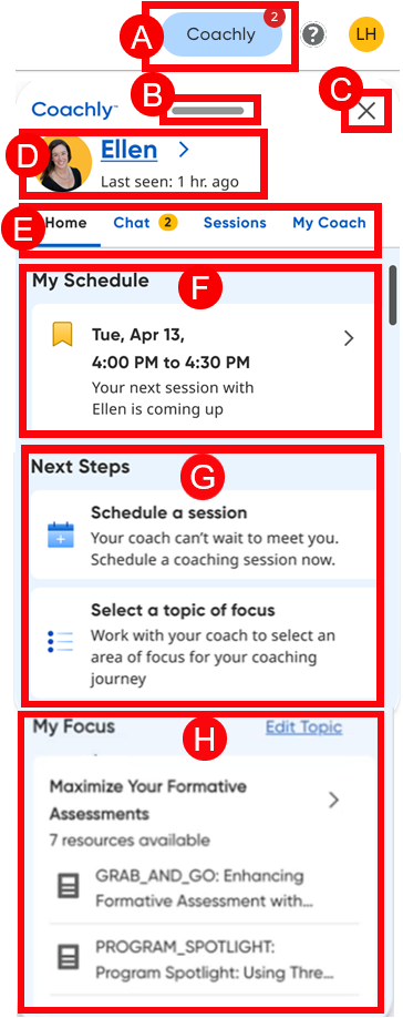 Coachly Home panel with letters identifying all the sections of the page