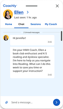 Coachly panel showing a chat between a teacher and coach