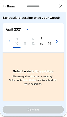 Coachly panel with Schedule selected and a calendar displayed to select a date