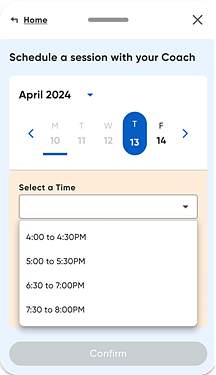 Coachly panel with Schedule selected and a "Select a time" list displayed to select a time period