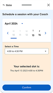 Coachly panel with Schedule selected and the Confirm button displayed