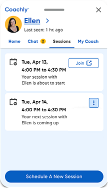 Coachly panel showing My Sessions selected and a Join button on a Coachly session