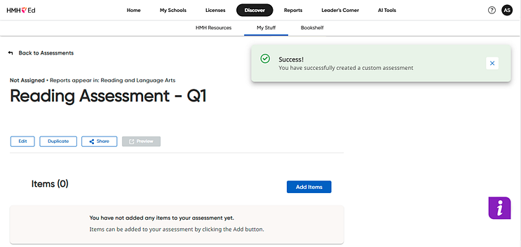 My Assessments page for newly created assessment with no items added