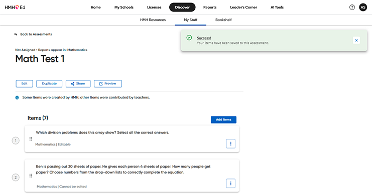 My Assessment page for newly saved assessment
