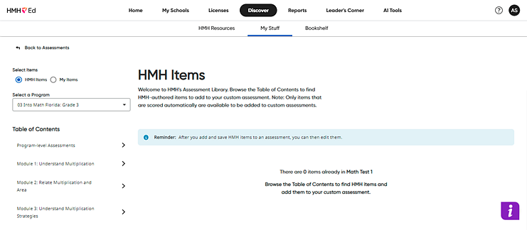 Add Items to assessment page