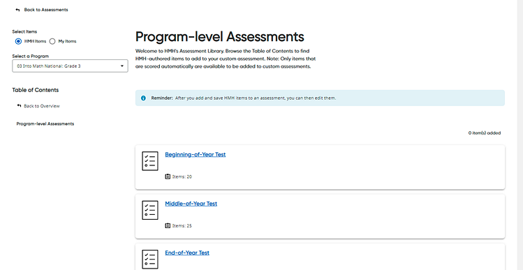 View items link identified for selected program-level assessment