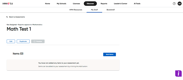 My Assessments page with Add Items field identified