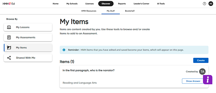 My Items page showing list of created items