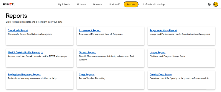 Reports landing page