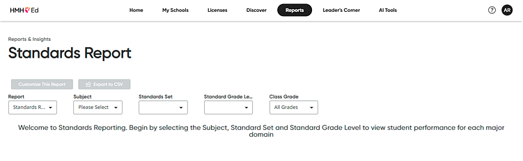 Standards Report selected with filter lists showing