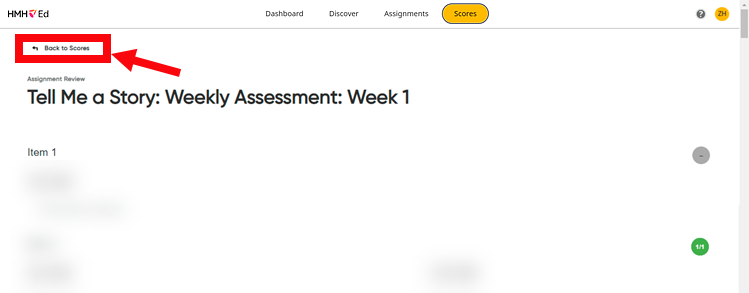 Assessment Review page showing Back to Scores link
