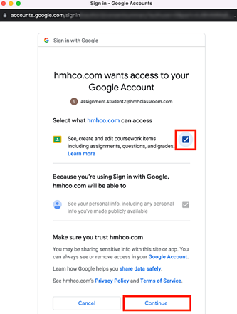 Google Sign in Allow HMH Access