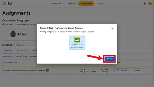 Google Sign In dialog box showing the Done button
