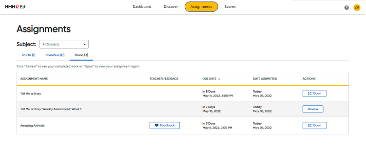 Assignments page - Done tab
