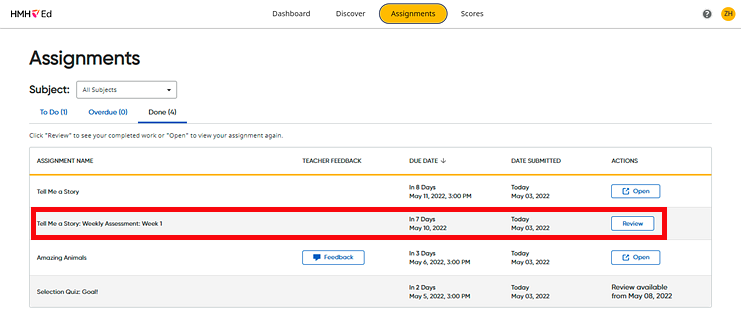 Assignments Done tab showing the Review button highlighted