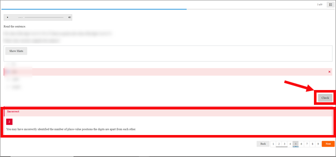 Practice Assessment dialog box showing an incorrect answer with the check answer feedback provided