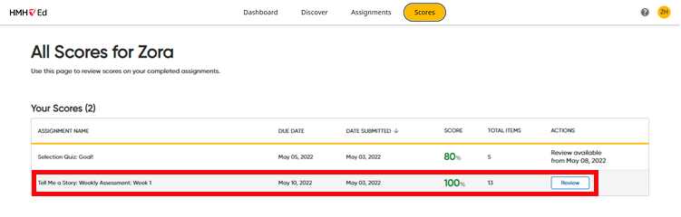 Scores page - completed assessment listed